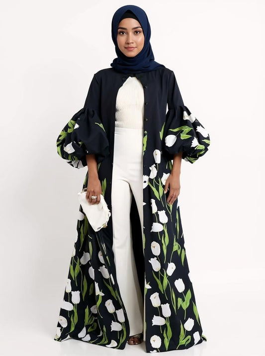 Fashion Elegant Floral Printed Stand Collar Shirts Long Dresses Womens Spring Lantern Sleeves Single-Breasted Trench Coats