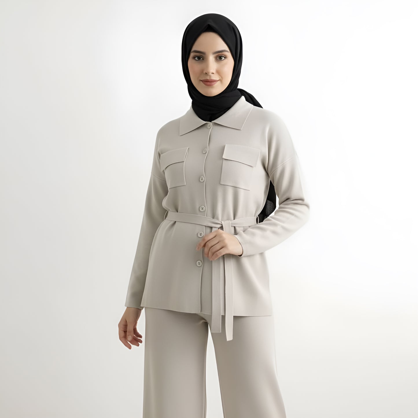 Knitted Cardigan Top & Wide Leg Trousers Suit