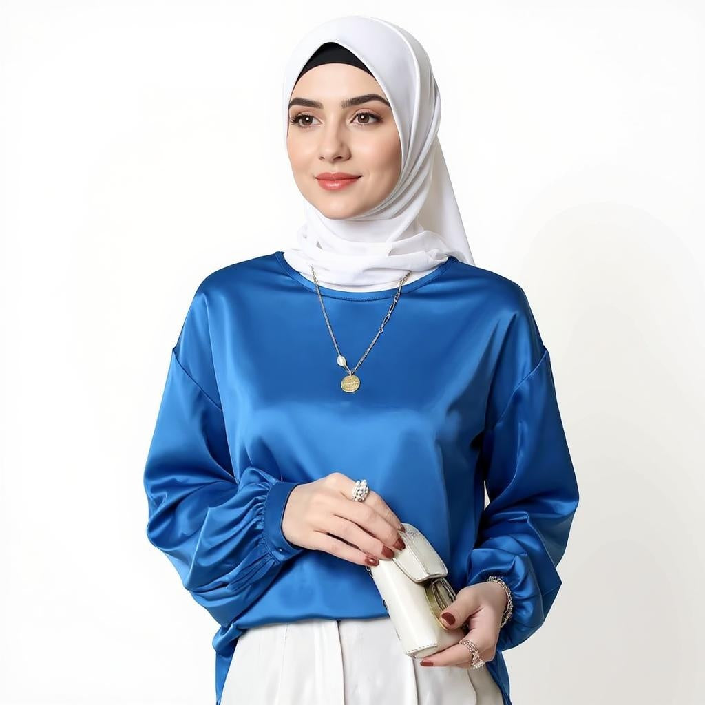 Satin Silk Solid Color Office Lady Tops O-Neck