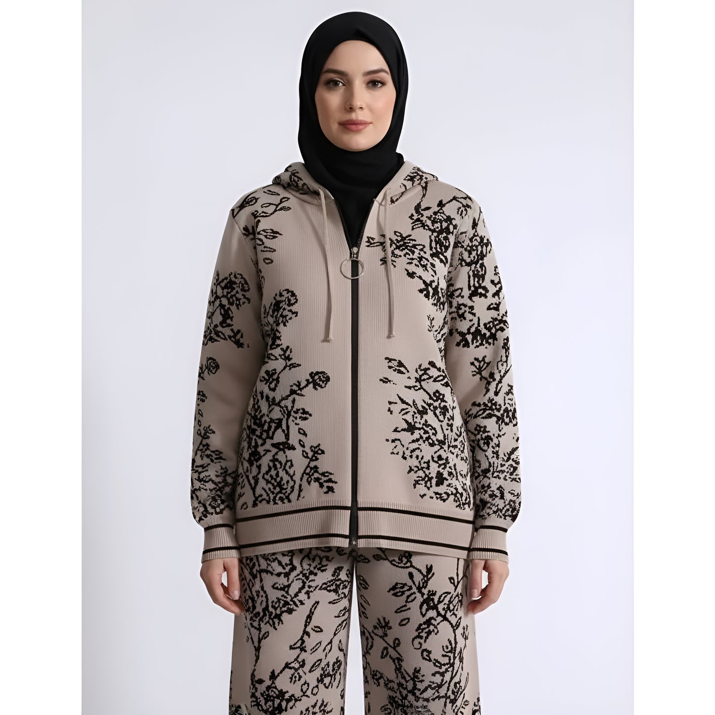 Knit Hooded Cardigan & Wide Leg Pants Set