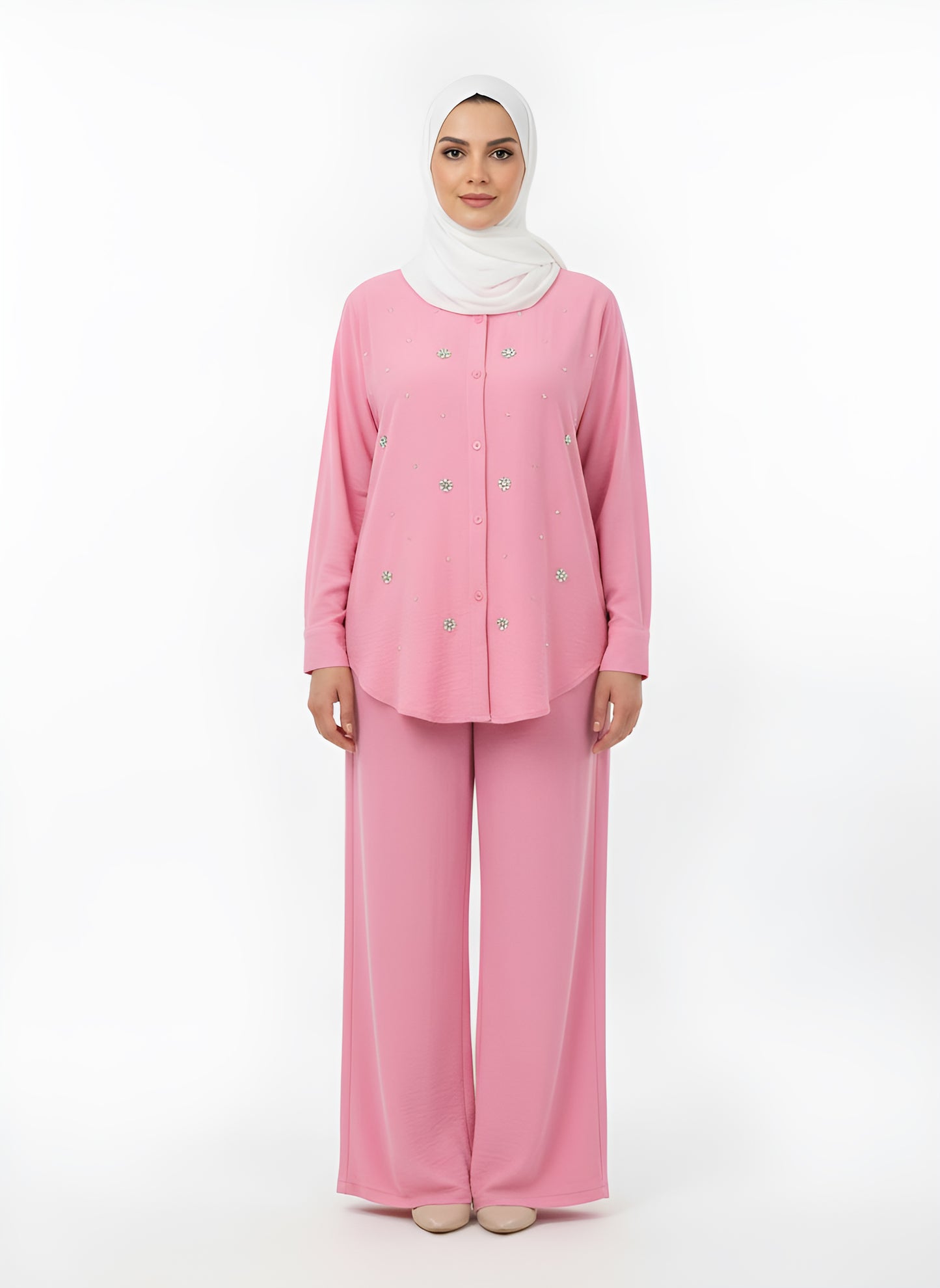 Beaded Long Sleeve Shirt & Wide Leg Pants Set
