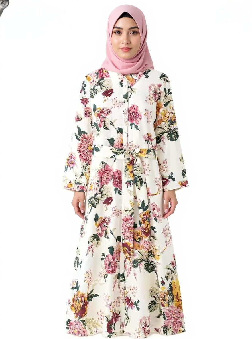 Elegant Floral Print Midi Dress Three Quarter Sleeve