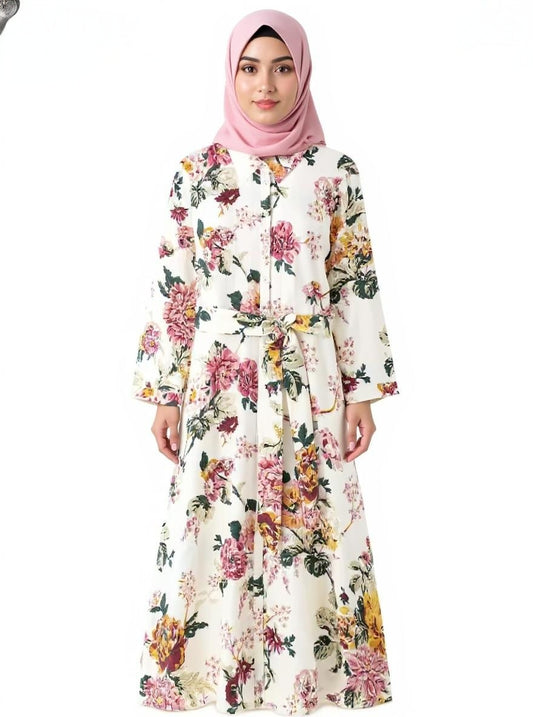 Elegant Floral Print Midi Dress Three Quarter Sleeve
