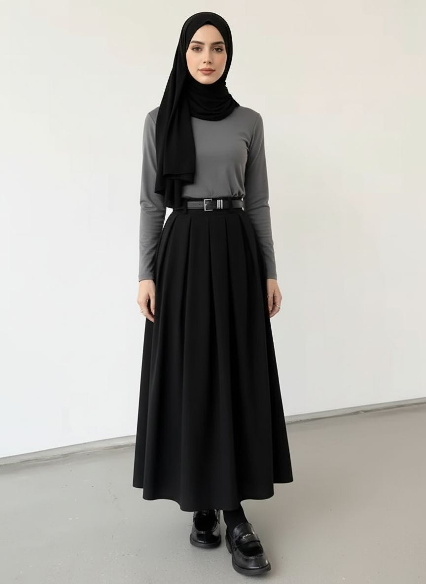 Versatile Pleated Mid Length Skirt (No Belt)