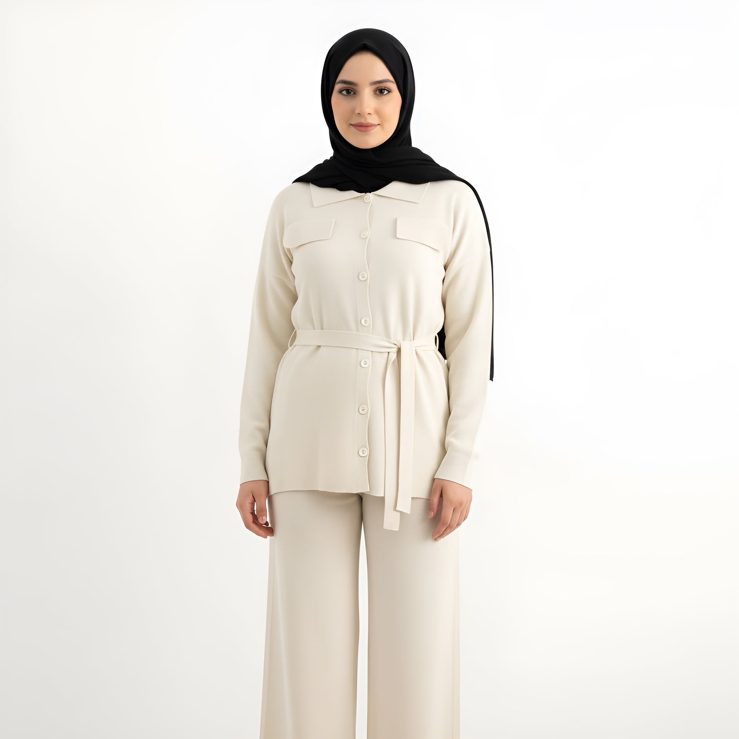 Knitted Cardigan Top & Wide Leg Trousers Suit