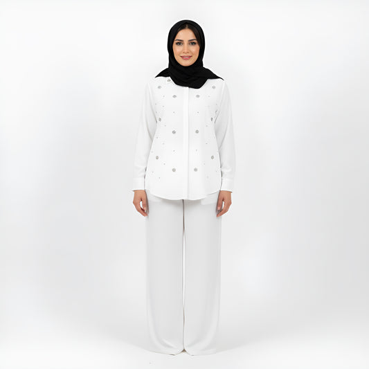 Beaded Long Sleeve Shirt & Wide Leg Pants Set