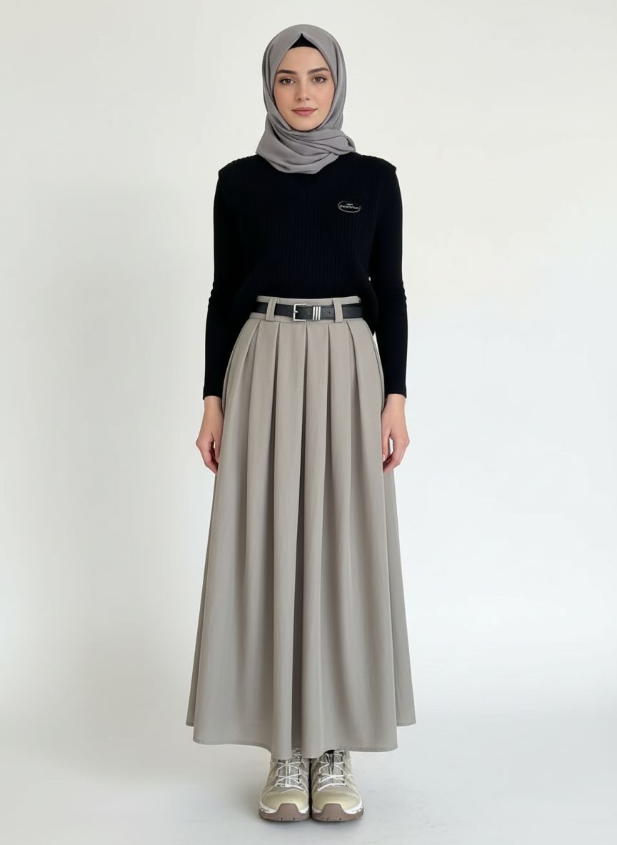 Versatile Pleated Mid Length Skirt (No Belt)