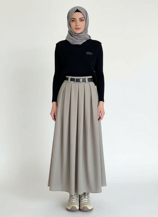 Versatile Pleated Mid Length Skirt (No Belt)