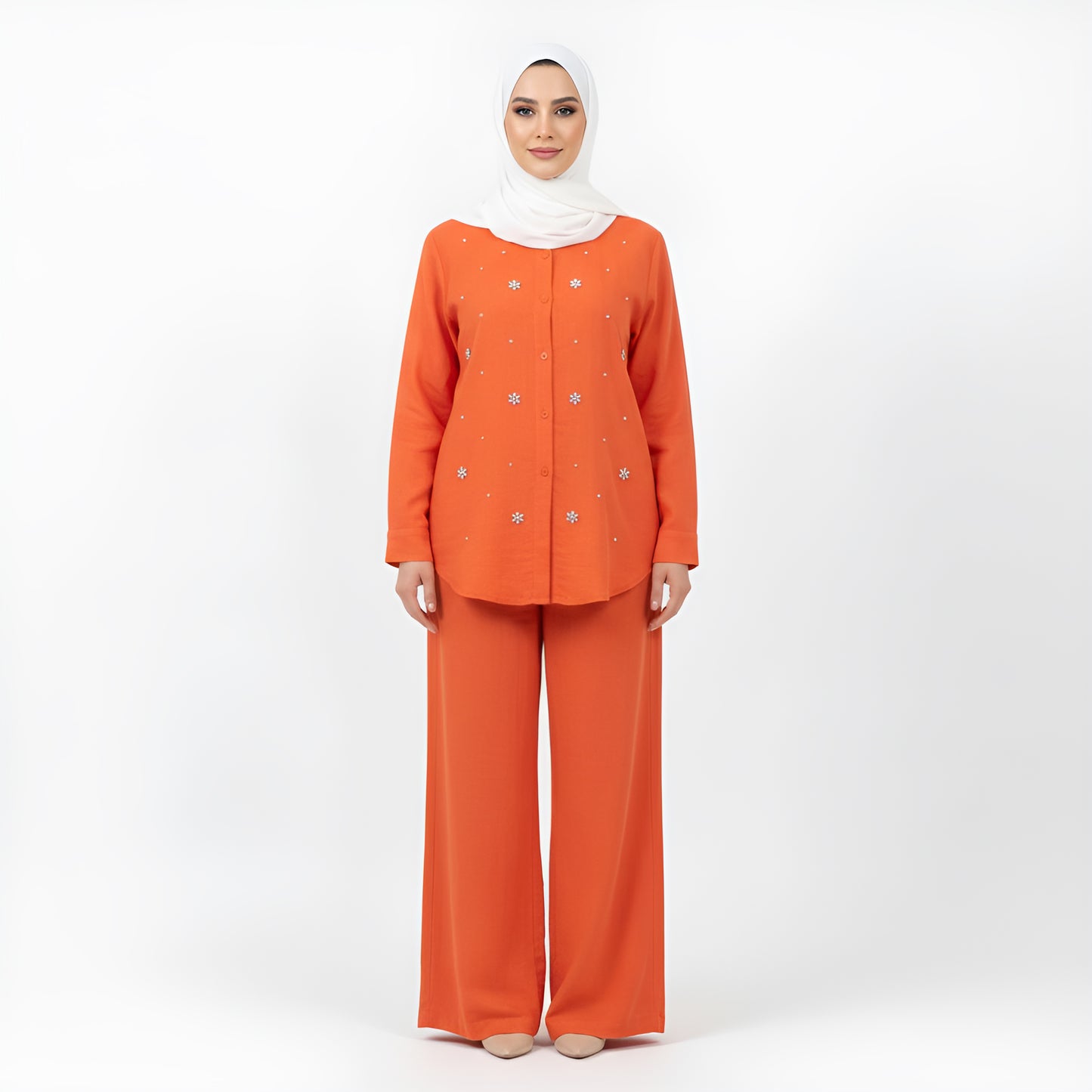 Beaded Long Sleeve Shirt & Wide Leg Pants Set