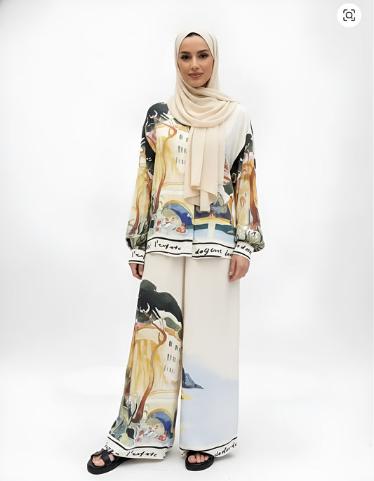 Fashion Printed Long Sleeve Shirt & Wide Leg Pants Set