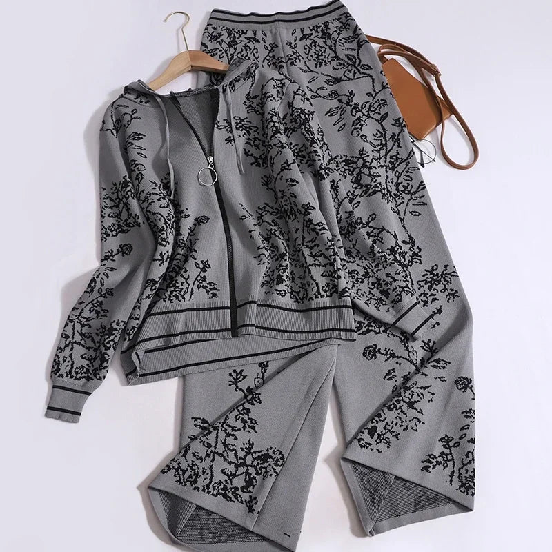 Knit Hooded Cardigan & Wide Leg Pants Set