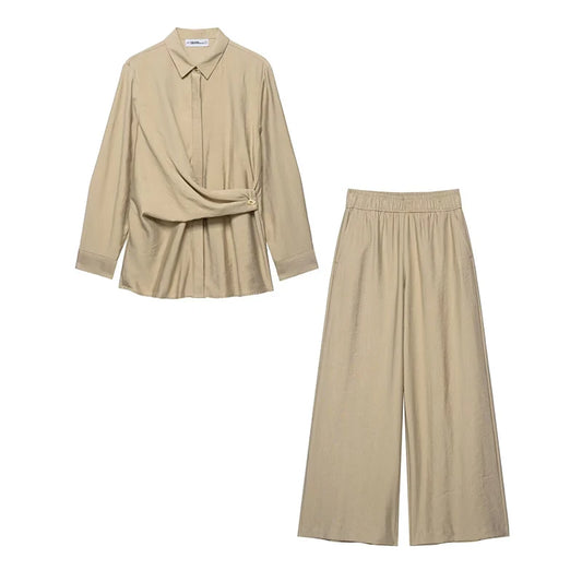 Long Sleeve Shirt & Wide Leg Trousers Matching Set