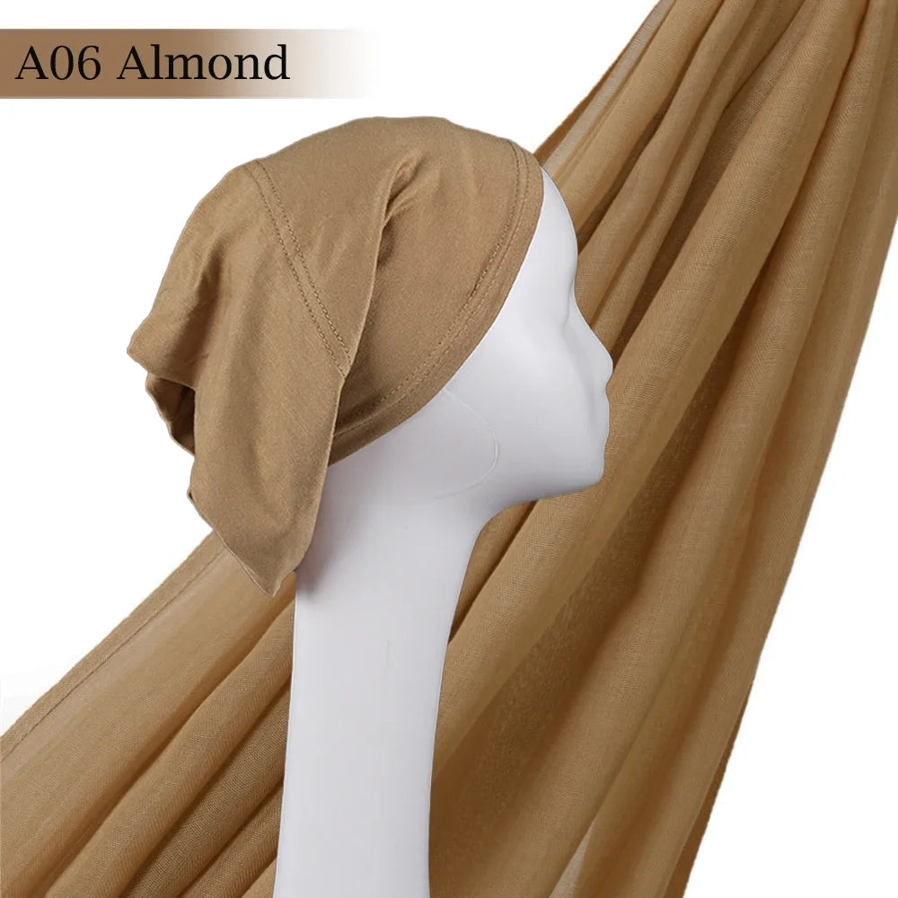 Light Viscose Rayon Shawl One Set Thin Plain Hijabs With Caps