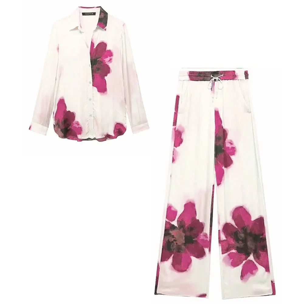 Floral Print Wide Leg Pants Set