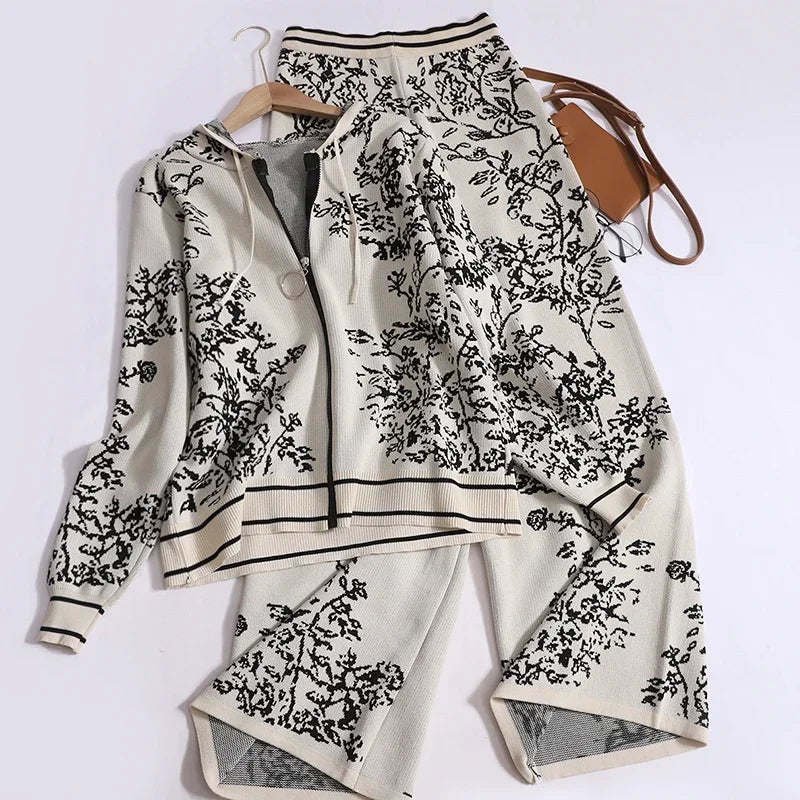 Knit Hooded Cardigan & Wide Leg Pants Set