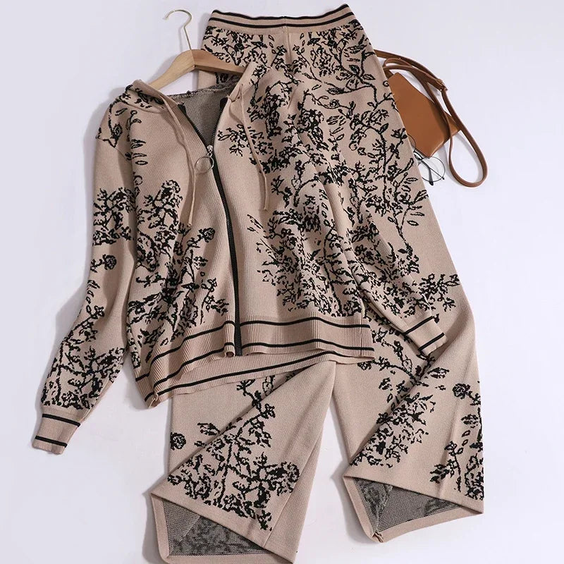 Knit Hooded Cardigan & Wide Leg Pants Set