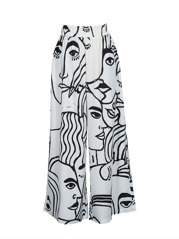 Trendy Contrast Print Wide Leg Trousers