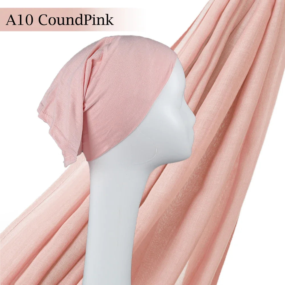 Light Viscose Rayon Shawl One Set Thin Plain Hijabs With Caps