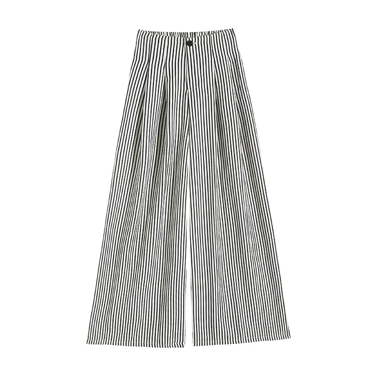 Vintage Striped Cotton-Linen Wide Leg Pants