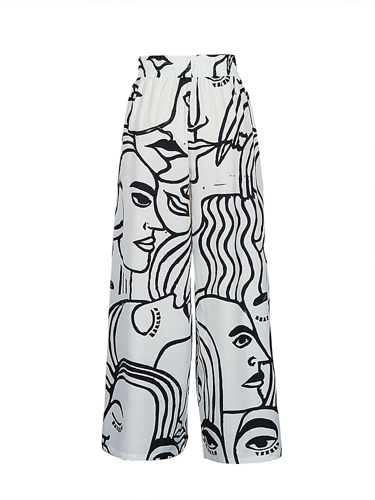 Trendy Contrast Print Wide Leg Trousers