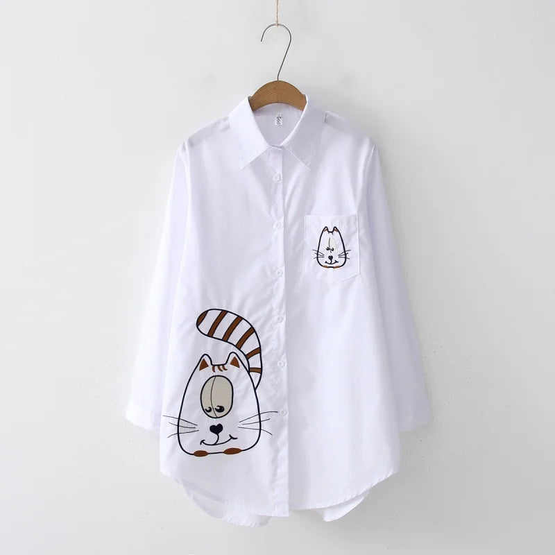 Women’s White Cotton Embroidery Long Sleeve Shirt, Loose Fit Top