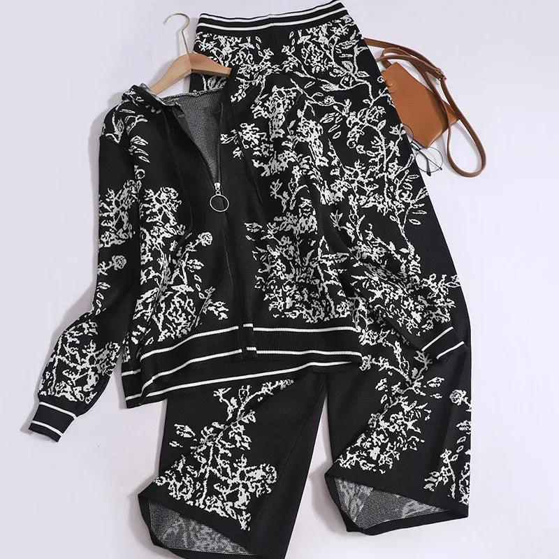 Knit Hooded Cardigan & Wide Leg Pants Set
