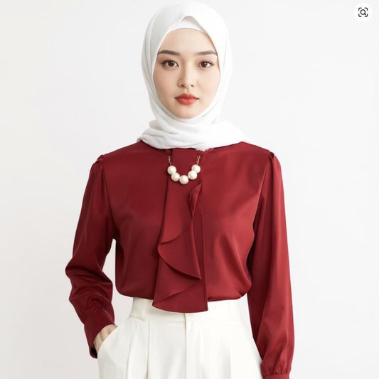 Satin Blouses Pearls Ruffles