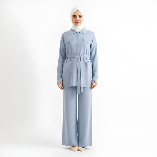 Knitted Cardigan Top & Wide Leg Trousers Suit