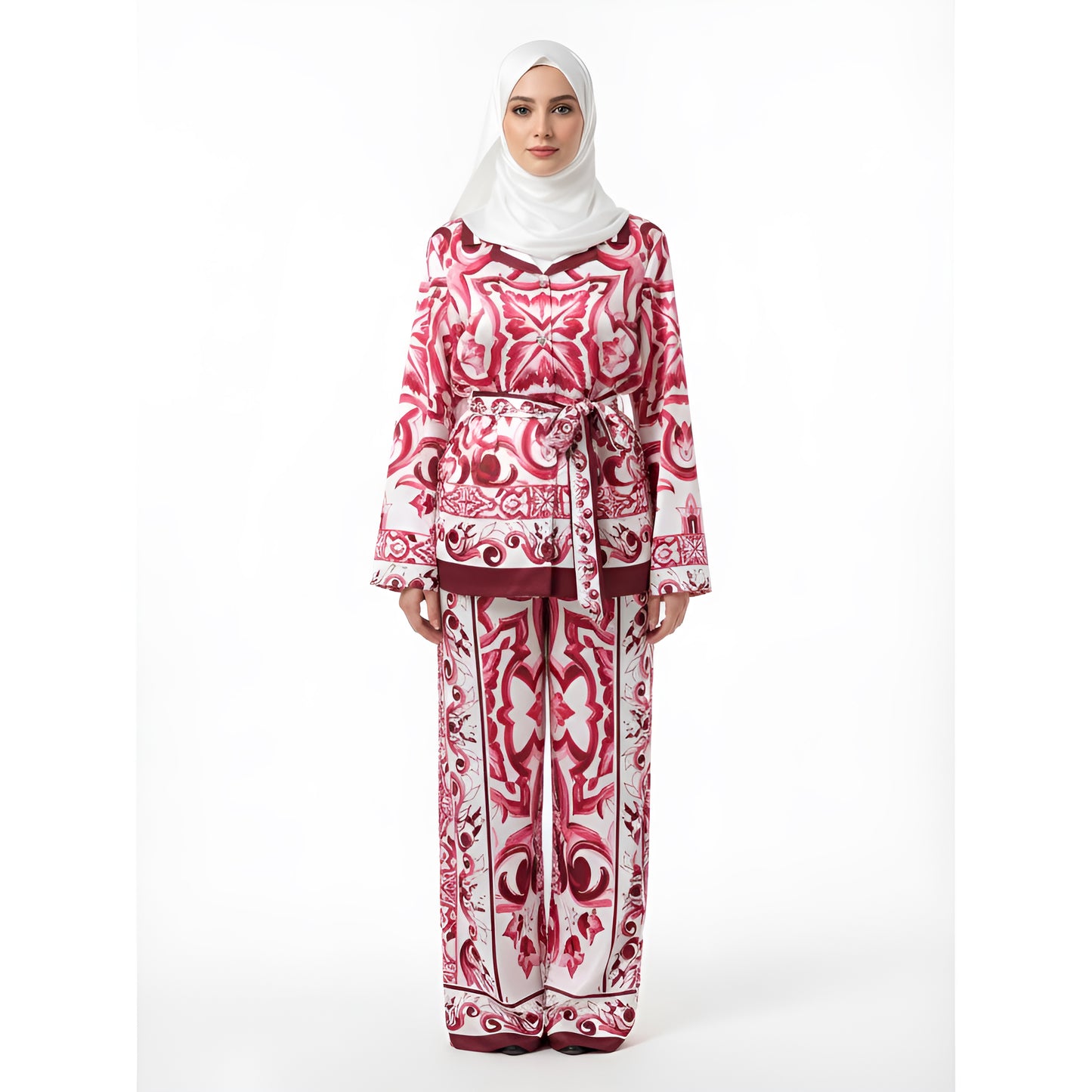 Pant Set Women Two Piece Sets Turn Down Collar Matching Sets Print Casual Loose Tops Wide Leg Long Pants Lace Up High Waist