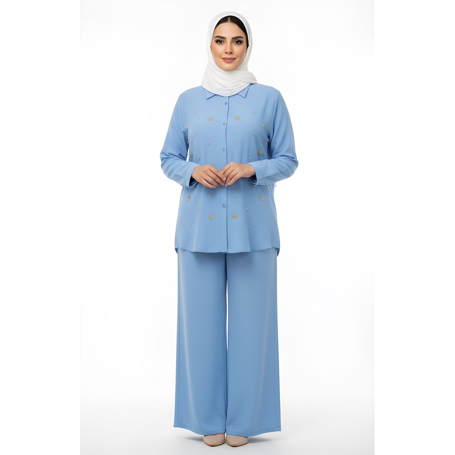 Beaded Long Sleeve Shirt & Wide Leg Pants Set