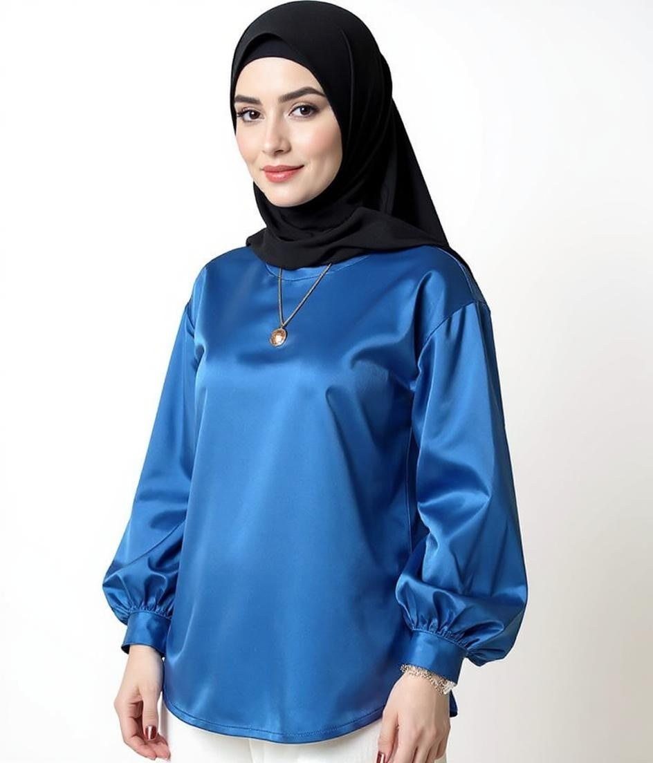 Satin Silk Solid Color Office Lady Tops O-Neck