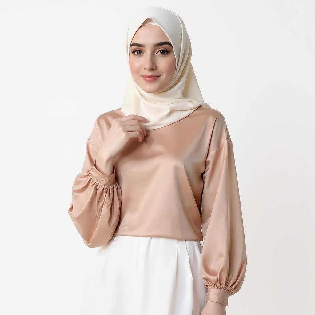 Satin Silk Solid Color Office Lady Tops O-Neck
