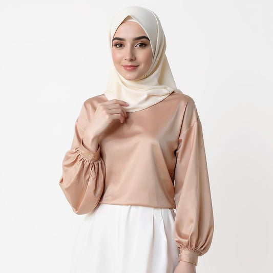Satin Silk Solid Color Office Lady Tops O-Neck