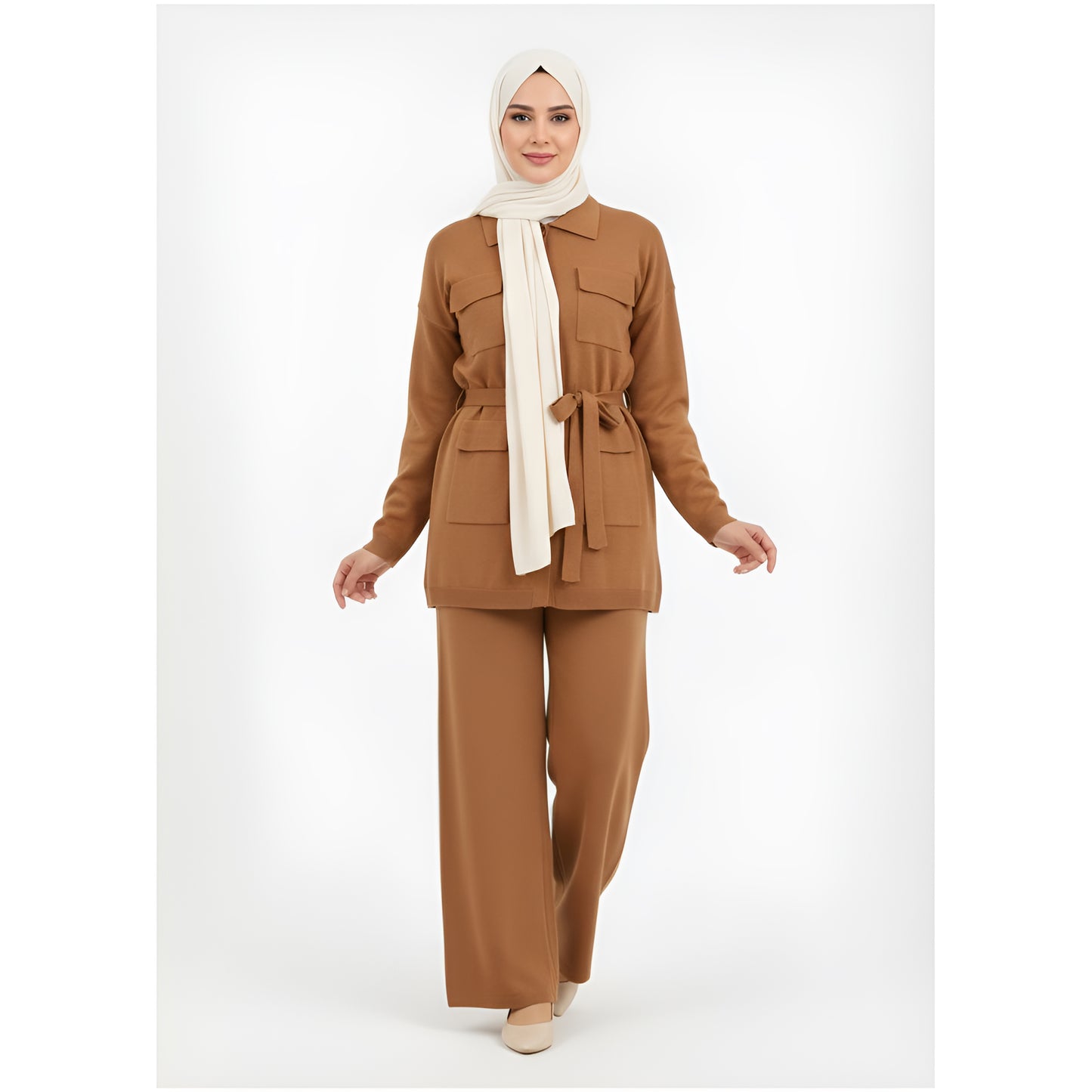 Knitted Cardigan Top & Wide Leg Trousers Suit