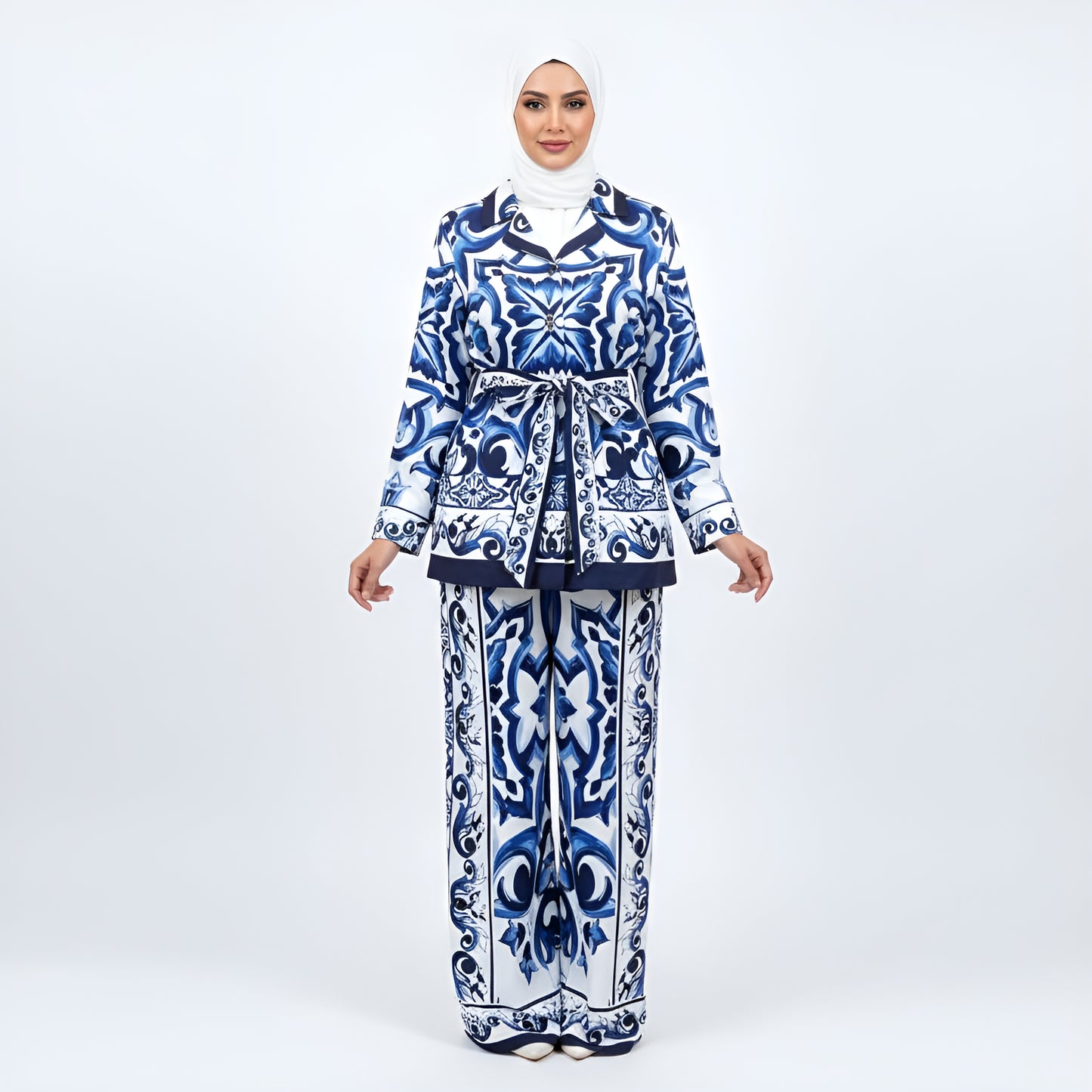 Pant Set Women Two Piece Sets Turn Down Collar Matching Sets Print Casual Loose Tops Wide Leg Long Pants Lace Up High Waist