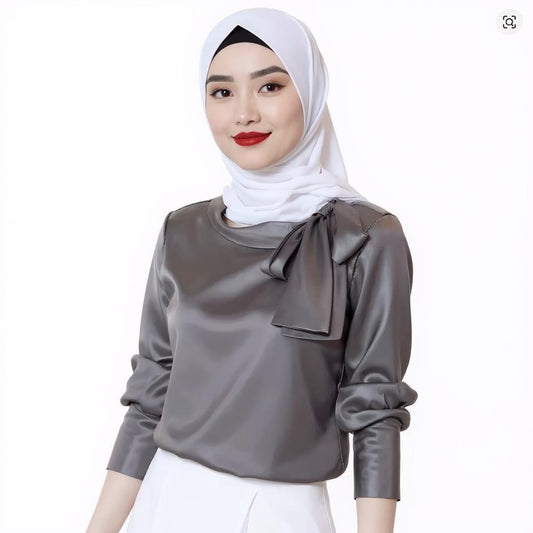 Satin O-Neck Bow Blouse