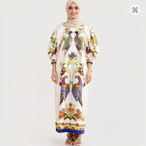 Bubble Sleeve Crew Neck Print Dress