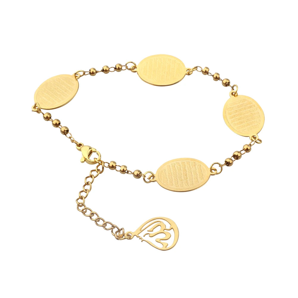 FINE4U Stainless Steel Arabic God Charm Bracelet with 3mm Beads