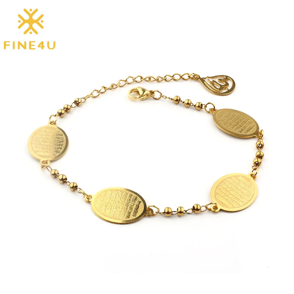 FINE4U Stainless Steel Arabic God Charm Bracelet with 3mm Beads