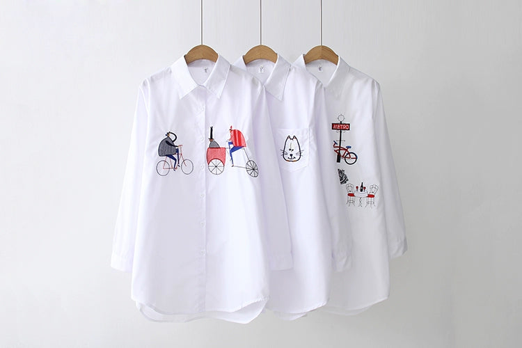 Women’s White Cotton Embroidery Long Sleeve Shirt, Loose Fit Top