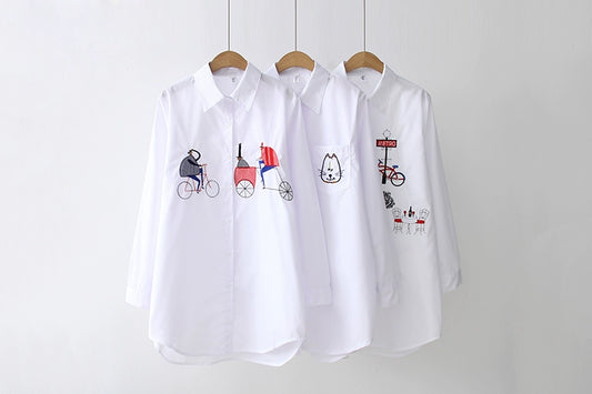 Women’s White Cotton Embroidery Long Sleeve Shirt, Loose Fit Top