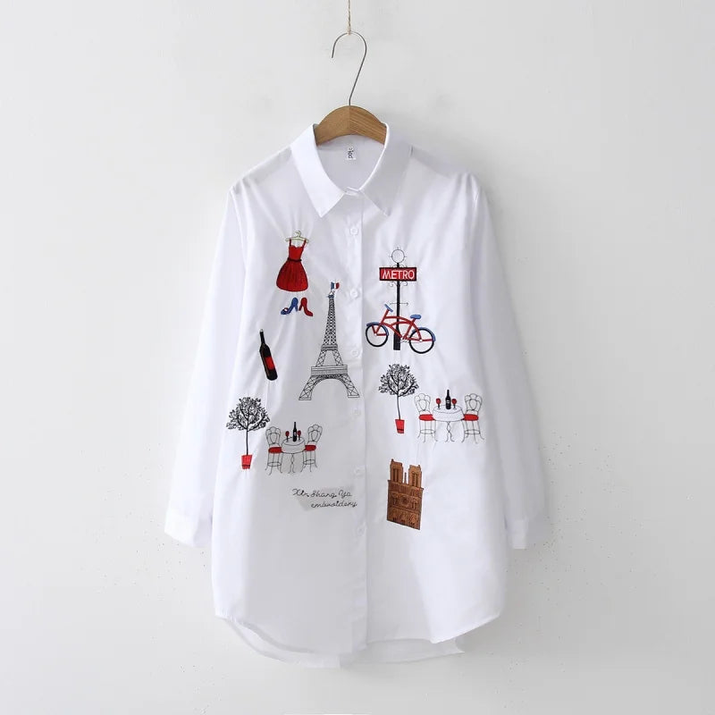Women’s White Cotton Embroidery Long Sleeve Shirt, Loose Fit Top
