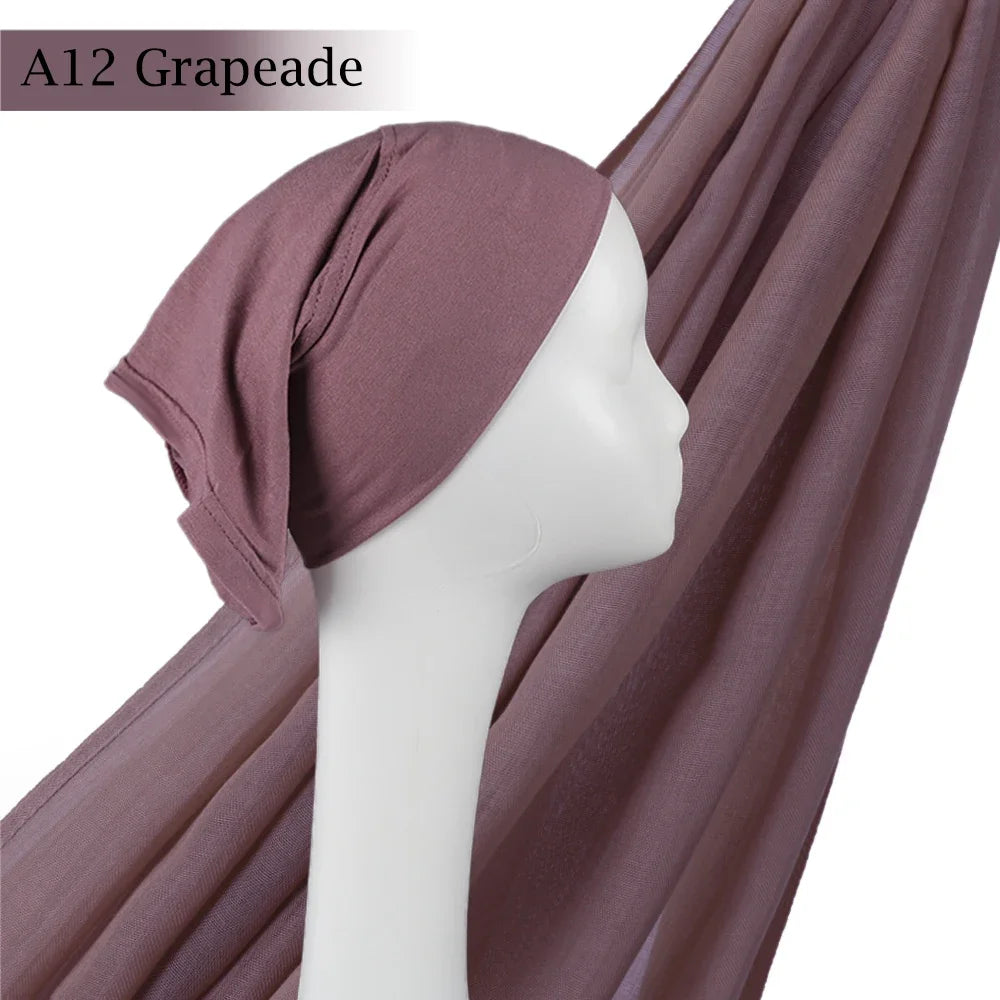 Light Viscose Rayon Shawl One Set Thin Plain Hijabs With Caps