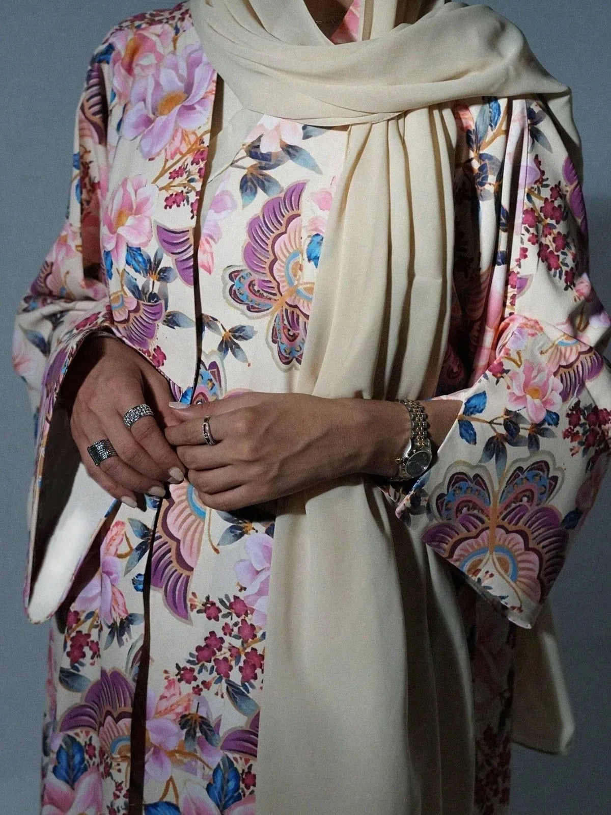 Floral Print Open Front Abaya (Kaftan)