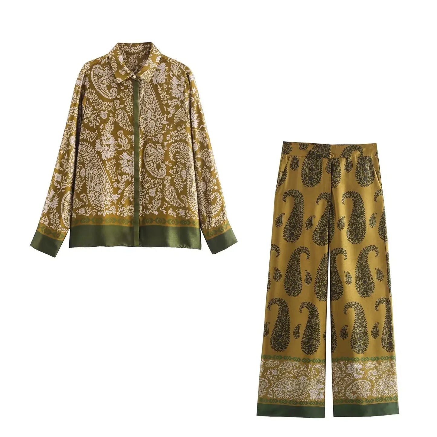 Women's Autumn New Fashion Lazy Style Position Printing Casual Long Sleeve Shirt Zipper Wide Leg Pants Suit Blouses Mujer