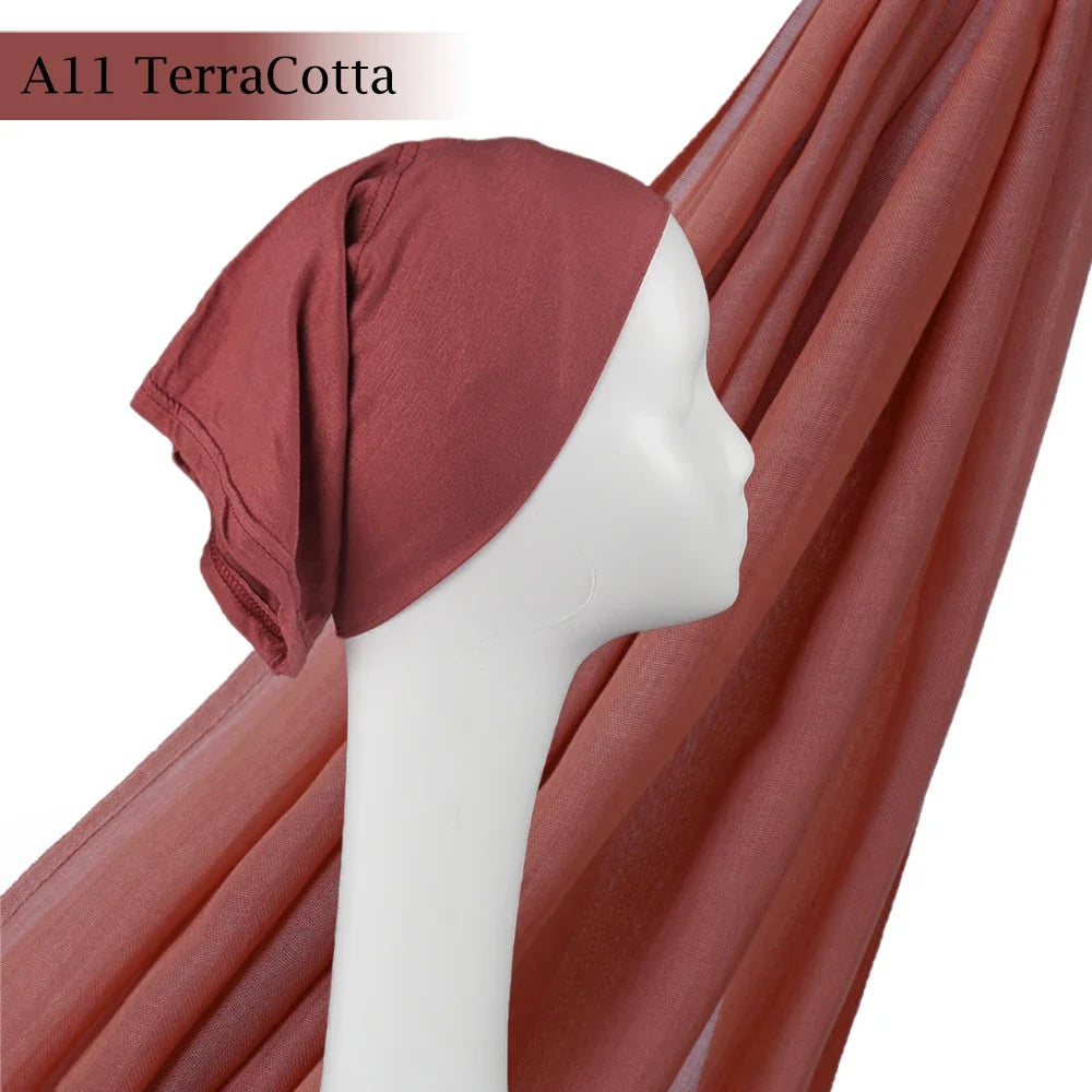 Light Viscose Rayon Shawl One Set Thin Plain Hijabs With Caps