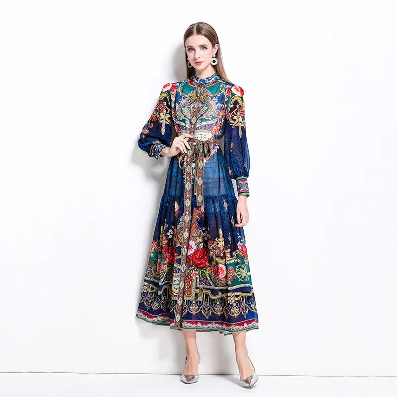 Retro Chiffon Lantern Sleeve Maxi Dress