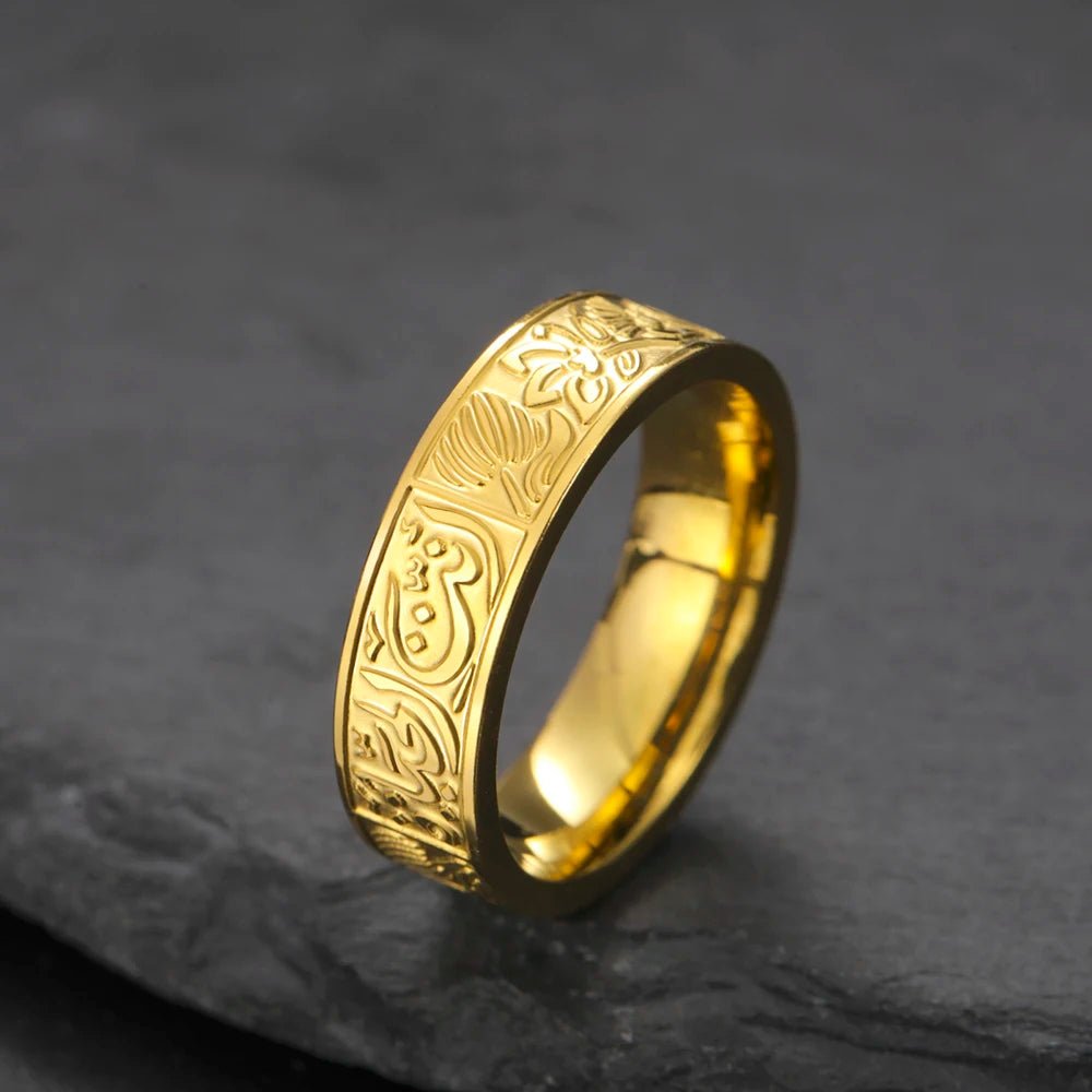 Dawapara Vintage Engraved Ring – Arabic Calligraphy & Lotus Flower Unisex Stainless Steel Muslim Jewelry