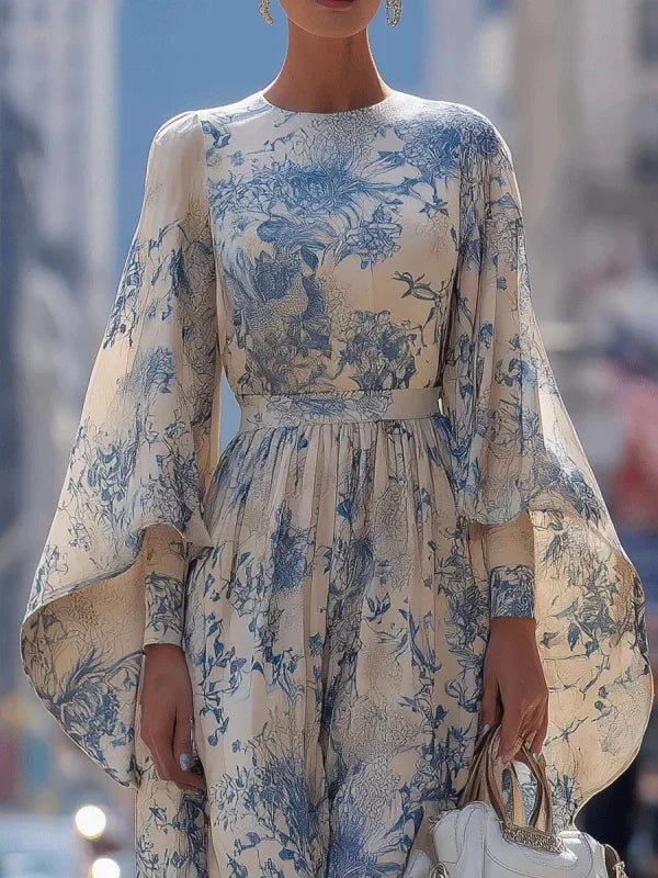 Elegant Sky Blue Batwing Sleeve Long Dress