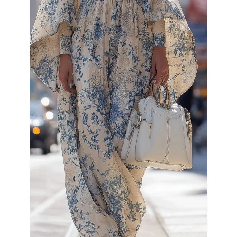 Elegant Sky Blue Batwing Sleeve Long Dress